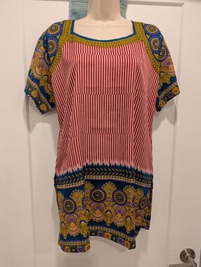 Indian Made Boho Stripe & Floral Tunic Top - Red Multi